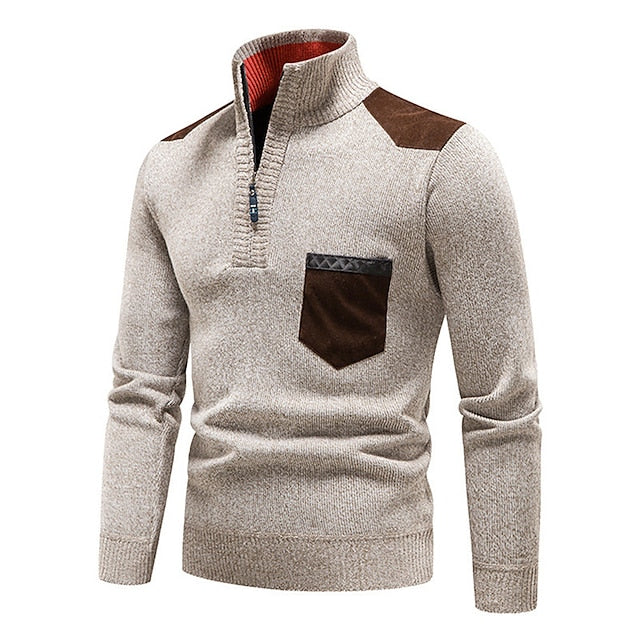 Men's Pullover Sweater Jumper Fleece Sweater Ribbed Knit Zipper Knitted Color Block Half Zip Basic Keep Warm Work Daily Wear Clothing Apparel Fall & Winter Blue Red & White M L XL