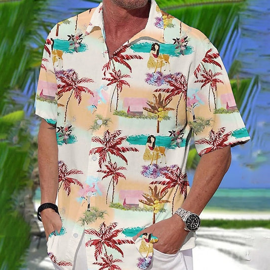 Men's Shirt Summer Hawaiian Shirt Coconut Tree Graphic Prints Beach Hula Girls Turndown Yellow Purple Outdoor Street Short Sleeves Print Clothing Apparel Fashion Streetwear Designer Casual