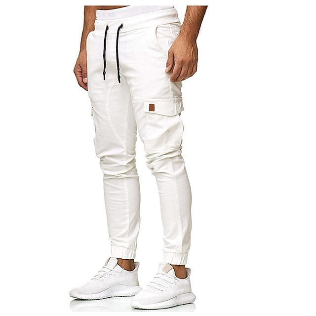 Men's Cargo Pants Cargo Trousers Joggers Drawstring Multi Pocket Solid Colored Full Length Daily Fashion Streetwear Black White Micro-elastic