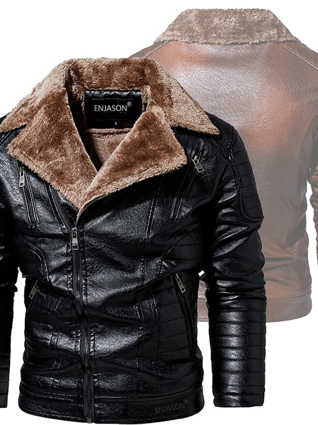 Men's Faux Leather Jacket Motorcycle Jacket Daily Wear Club Warm Faux Fur Trim Winter Plain Casual Lapel Thick Regular Faux Leather Loose Fit Black Brown Coffee Jacket