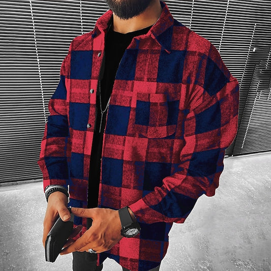 Men's Flannel Shirt Shirt Jacket Shacket Overshirt Black Red Navy Blue Long Sleeve Tartan Turndown Fall & Winter Christmas Street Clothing Apparel