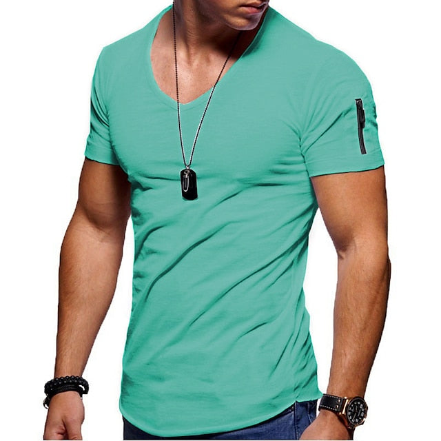 Men's T shirt Tee Tee Plain V Neck Normal Short Sleeve Zipper Clothing Apparel Muscle Esencial