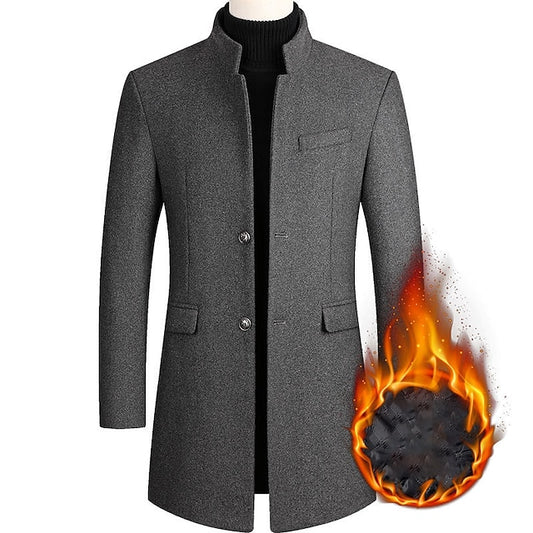 Men's Winter Coat Wool Coat Overcoat Business Daily Wear Winter Wool Thermal Warm Outdoor Outerwear Clothing Apparel Fashion Warm Ups Solid Colored Pocket Standing Collar Single Breasted Two-button