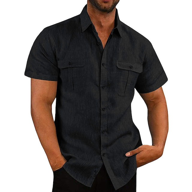 Men's Shirt Linen Shirt Summer Shirt Beach Shirt Black White Navy Blue Short Sleeve Solid Color Turndown Spring Autumn / Fall Daily Hawaiian Clothing Apparel Button-Down