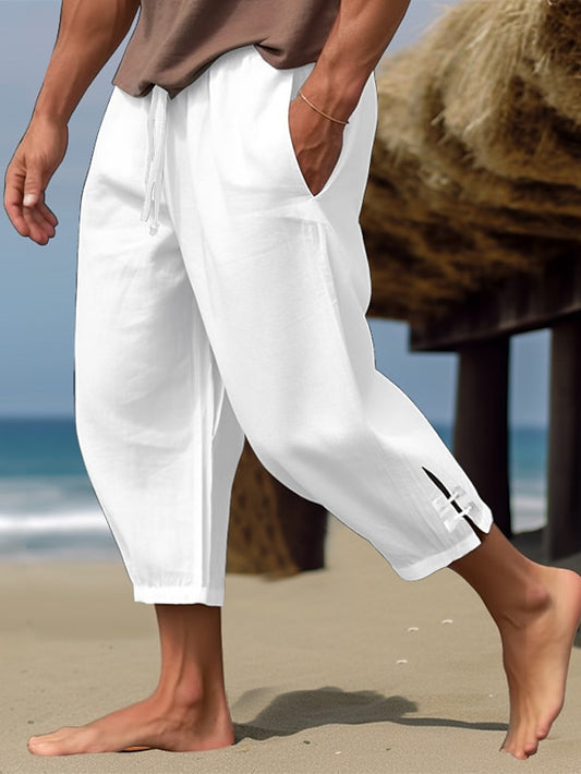 Men's Linen Pants Summer Pants Beach Pants Capri Pants Drawstring Elastic Waist Plain Comfort Breathable Calf-Length Casual Daily Holiday Linen / Cotton Blend Fashion Classic Style Black White