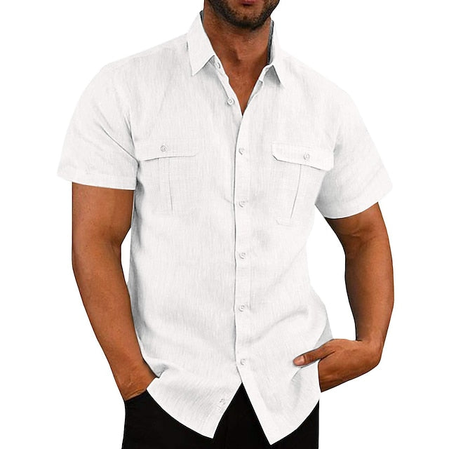 Men's Shirt Linen Shirt Summer Shirt Beach Shirt Black White Navy Blue Short Sleeve Solid Color Turndown Spring Autumn / Fall Daily Hawaiian Clothing Apparel Button-Down