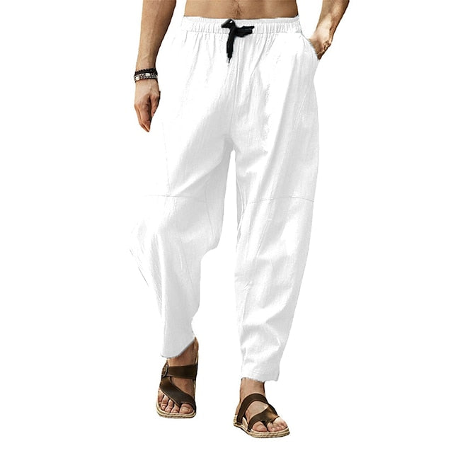 Men's Linen Pants Summer Pants Pocket Drawstring Plain Casual Daily Yoga Cotton Blend Basic Classic Black White