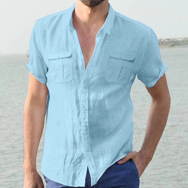 Men's Shirt Summer Shirt Beach Shirt Light Blue White Green Long Sleeve Solid Color Collar Summer Spring Work Street Clothing Apparel