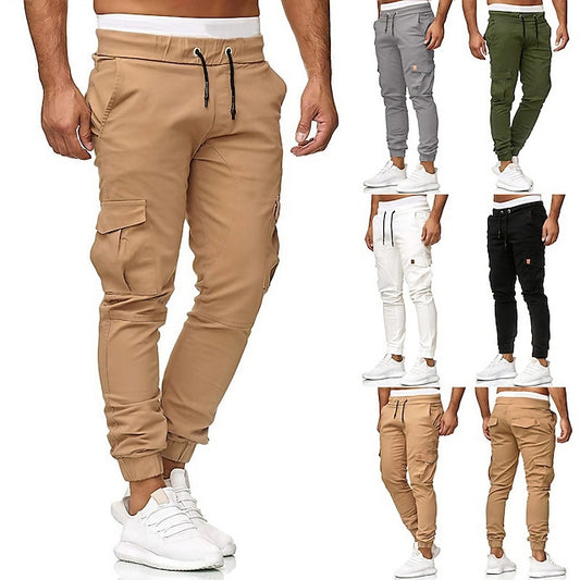 Men's Cargo Pants Cargo Trousers Joggers Drawstring Multi Pocket Solid Colored Full Length Daily Fashion Streetwear Black White Micro-elastic