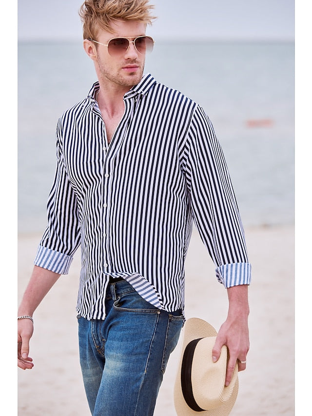 Men's Dress Shirt Button Down Shirt Collared Shirt Black White Red Long Sleeve Striped Wedding Back to Office Clothing Apparel