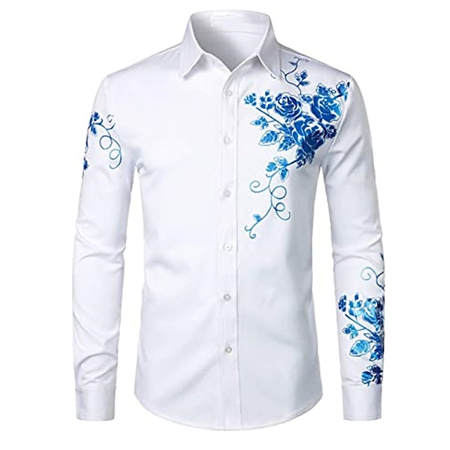 Men's Button Up Shirt Collared Shirt Prom Shirt Disco Shirt Black White Blue Long Sleeve Floral Turndown Spring &  Fall Wedding Party Clothing Apparel Button-Down