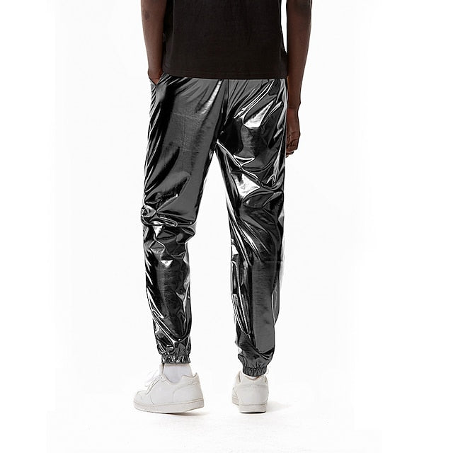 Men's Joggers Trousers Casual Pants Sequin Pants Drawstring Elastic Waist Shiny Metallic Solid Color Full Length Club Nightclub Disco Lights Casual Trousers Loose Fit Silver Black Micro-elastic