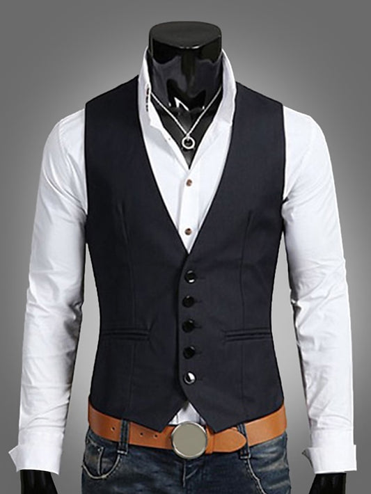 Men's Vest Waistcoat Wedding Work 1920s Smart Casual Polyester Solid Colored Slim Black Navy Blue Brown Vest