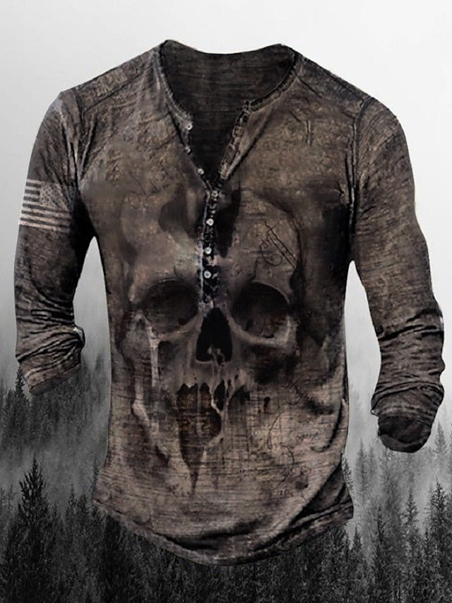 Men's T shirt Tee Henley Shirt Graphic Skull Henley Army Green Brown Khaki Gray Plus Size Street Casual Long Sleeve Button-Down Print Clothing Apparel Stylish Retro Vintage Basic