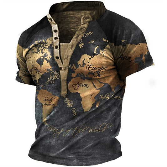 Men's T shirt Tee Henley Shirt Tee Graphic Map Henley Yellow Light Green Black / Brown Brown 3D Print Plus Size Outdoor Daily Short Sleeve Button-Down Print Clothing Apparel Designer Stylish Vintage