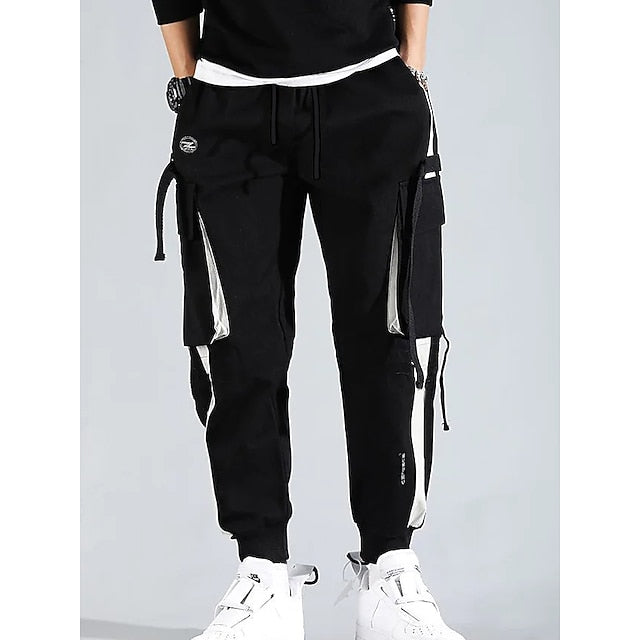 men's cargo pants joggers sweatpants Streetwear Embroidery Trousers Color Block Cotton jogging pants With Multi-pockets ribbon hiphop punk sport harem pants spring Fall