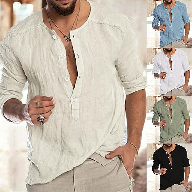 Men's Linen Shirt Shirt Summer Shirt Beach Shirt Black White Green Long Sleeve Solid Color Collar Summer Spring Outdoor Street Clothing Apparel Button-Down