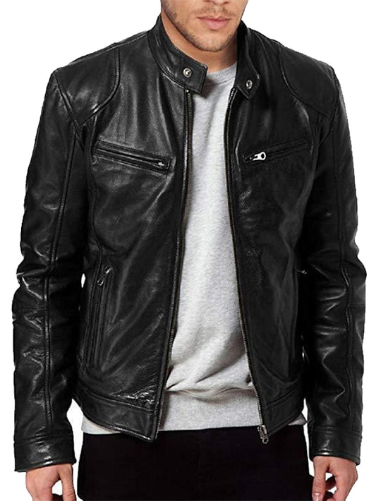 Men's Faux Leather Jacket Biker Jacket Motorcycle Jacket Street Daily Thermal Warm Windproof Pocket Fall Stand Collar Regular Faux Leather Regular Fit Black Brown Jacket