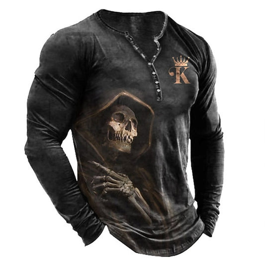 Men's T shirt Tee Henley Shirt Tee Graphic Skull Henley Black White Blue Green Gray 3D Print Plus Size Outdoor Daily Long Sleeve Button-Down Print Clothing Apparel Designer Stylish Vintage Basic