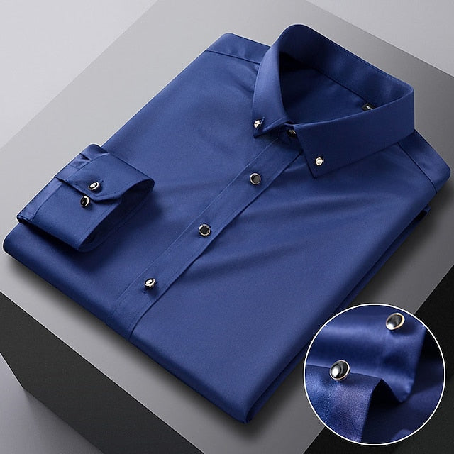 Men's Dress Shirt Button Down Shirt Silk Shirt Azure Lake blue Wine Long Sleeve Solid / Plain Color Turndown Spring &  Fall Wedding Daily Wear Clothing Apparel Sexy