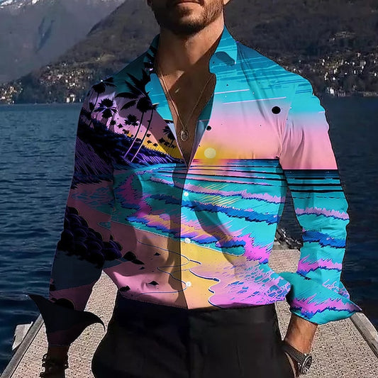 Men's Shirt Summer Hawaiian Shirt Graphic Prints Sunset Beach Turndown Pink Blue Outdoor Street Long Sleeve Print Clothing Apparel Fashion Streetwear Designer Casual