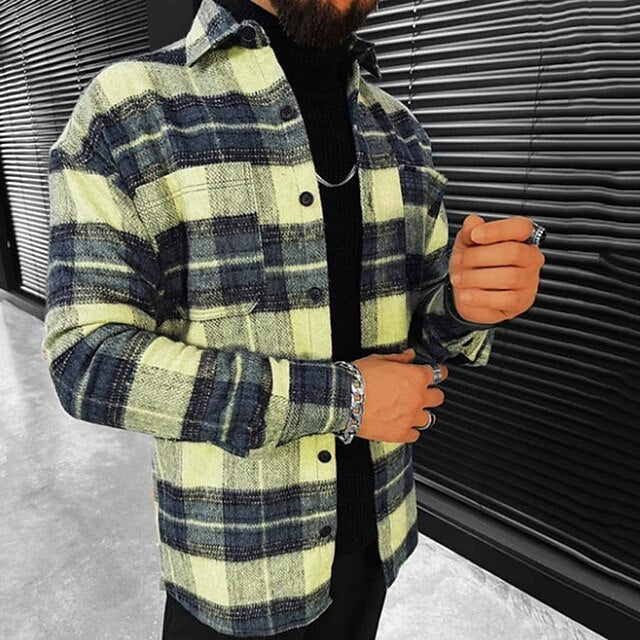 Men's Shirt Jacket Shacket Overshirt Light Green Blue Green Long Sleeve Plaid / Check Turndown Spring &  Fall Street Daily Clothing Apparel Button-Down