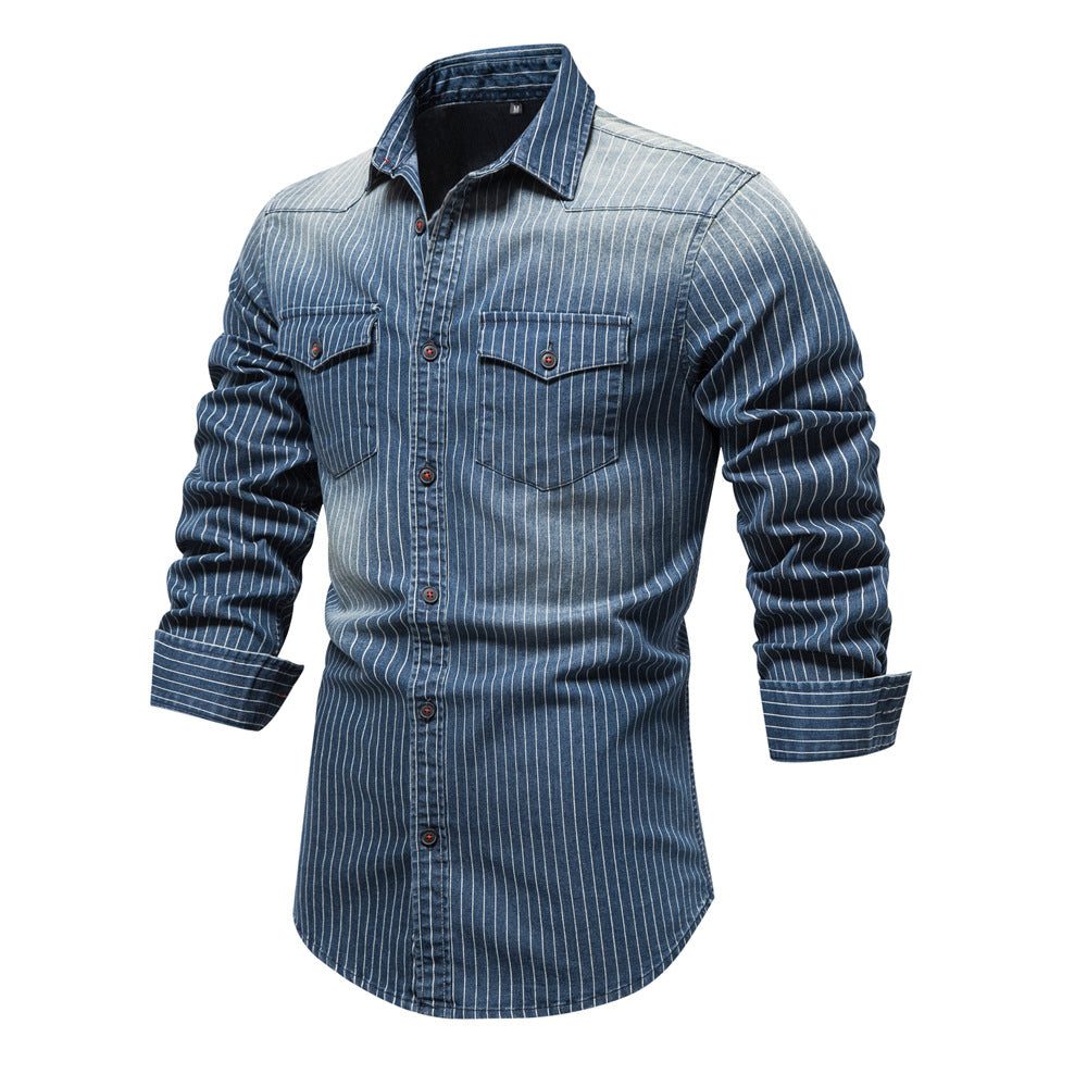 Foruwish - Men Vintage Striped Denim Shirt Jacket Rip/Cole Hauser  Dress Like Rip/Cole Style Vintage Washed West Wearing Long Sleeve Striped Denim Shirt