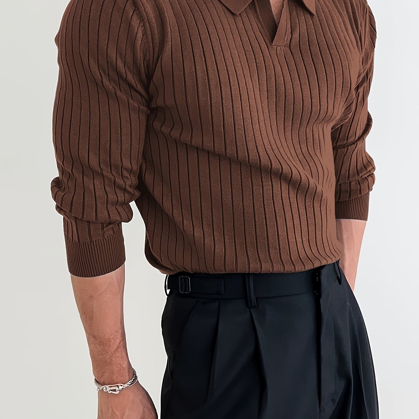 Foruwish - Solid Chic Knit Shirt, Men's Casual Lapel Slightly Stretch V-Neck Pullover Sweater For Autumn Winter