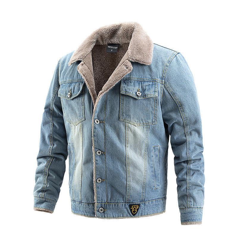 Foruwish - Winter Warm Denim Jacket Sherpa Lined Turn Down Collar Plus Fleece for Modern Cowboy