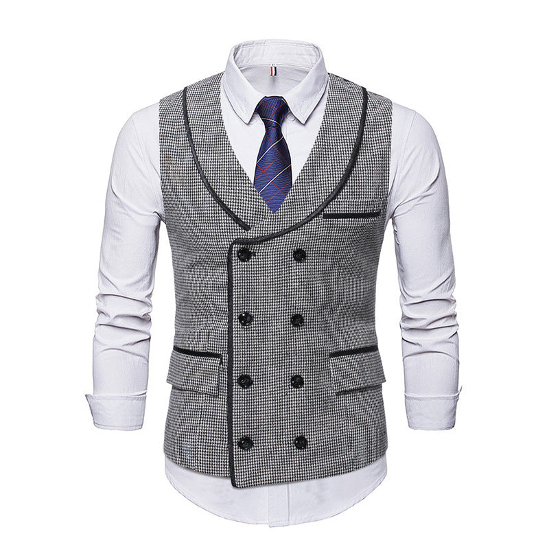 Foruwish - Houndstooth V-Collar Trimmed Double Breasted Men's Casual British Style Vest