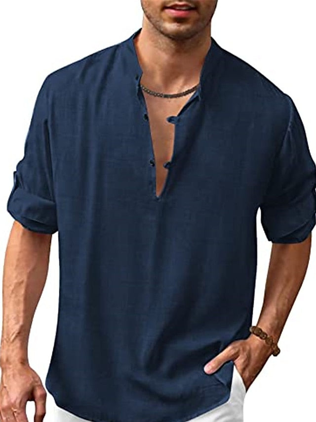 Men's Shirt Popover Shirt Casual Shirt Summer Shirt Beach Shirt Black White Navy Blue Long Sleeve Plain Henley Spring & Summer Casual Daily Clothing Apparel