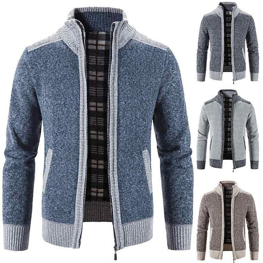 Men's Sweater Cardigan Zip Sweater Sweater Jacket Fleece Sweater Knit Knitted Color Block Shirt Collar Stylish Casual Outdoor Sport Clothing Apparel Winter Fall Blue Light gray M L XL