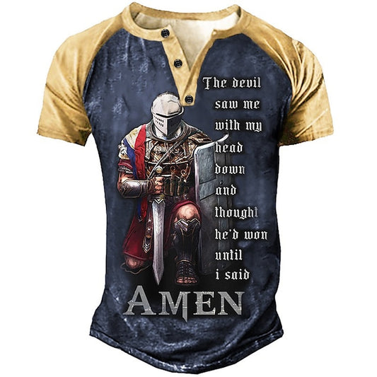 Men's T shirt Tee Henley Shirt Graphic Tee Slogan T Shirts Templar Cross Soldier Henley Navy Blue Blue Green Gray 3D Print Plus Size Outdoor Daily Short Sleeve Patchwork Button-Down Clothing Apparel