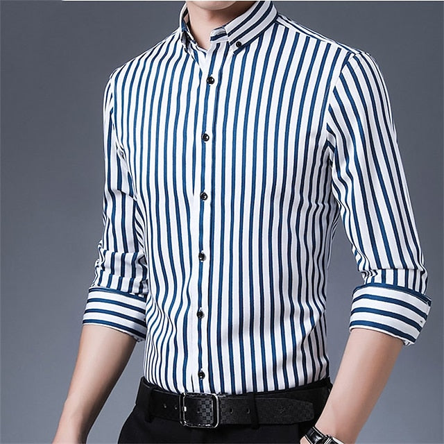 Men's Dress Shirt Black White Yellow Long Sleeve Striped Turndown Spring &  Fall Wedding Outdoor Clothing Apparel Button-Down