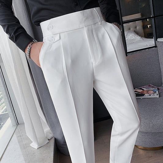 Men's Dress Pants Trousers Pleated Pants Suit Pants Pocket High Rise Plain Comfort Office Work Business Vintage Elegant Black White High Waist Micro-elastic