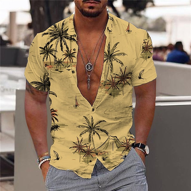 Men's Shirt Summer Hawaiian Shirt Graphic Shirt Aloha Shirt Coconut Tree Turndown Light Yellow Green Blue Purple Yellow Print Outdoor Street Short Sleeve Button-Down Print Clothing Apparel Fashion