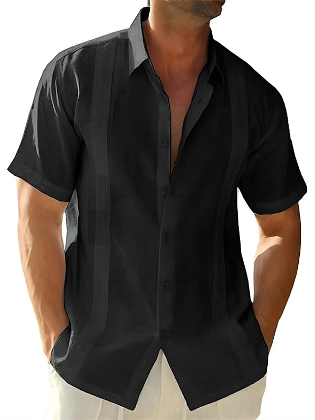 Men's Guayabera Shirt Linen Shirt Summer Shirt Beach Shirt Black White Blue Short Sleeve Plain Turndown Spring & Summer Street Daily Clothing Apparel Button-Down