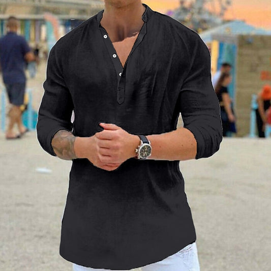 Men's Linen Shirt Shirt Summer Shirt Beach Shirt Black White Blue Long Sleeve Solid Color Collar Summer Spring Outdoor Street Clothing Apparel Button-Down