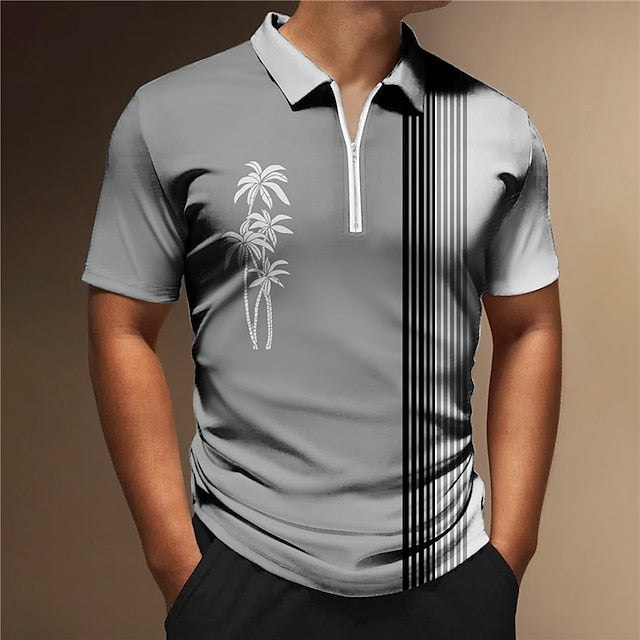 Men's Zip Polo Polo Shirt Golf Shirt Coconut Tree Striped Graphic Prints Geometry Turndown Black White Yellow Army Green Red Outdoor Street Short Sleeves Zipper Print Clothing Apparel Fashion