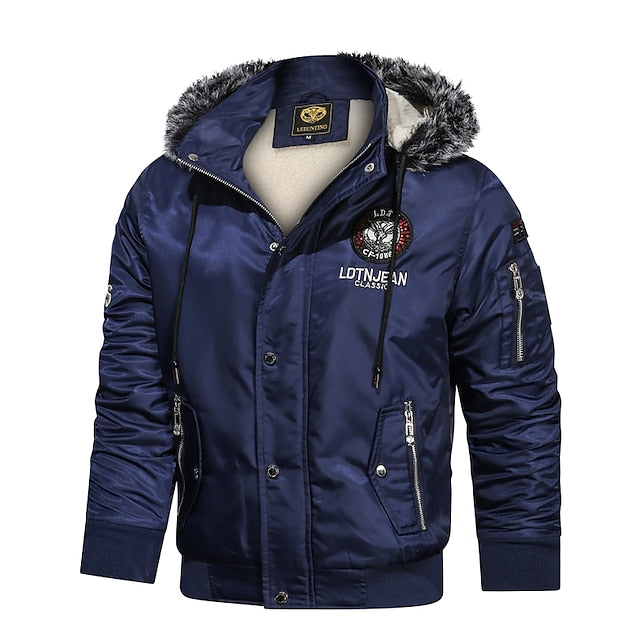 Men's Winter Jacket Winter Coat Parka Thermal Warm Daily Zipper Turndown Casual Jacket Outerwear Plain Embroidered Royal Blue Red Black / Stand Collar / Long Sleeve