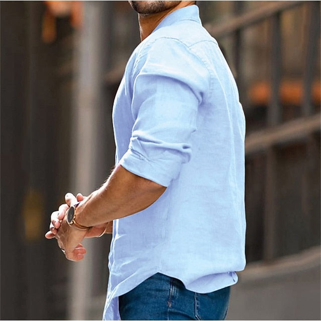 Men's Linen Shirt Shirt Summer Shirt Beach Shirt White Brown Light Blue Long Sleeve Plain Turndown Summer Spring Outdoor Street Clothing Apparel Button-Down