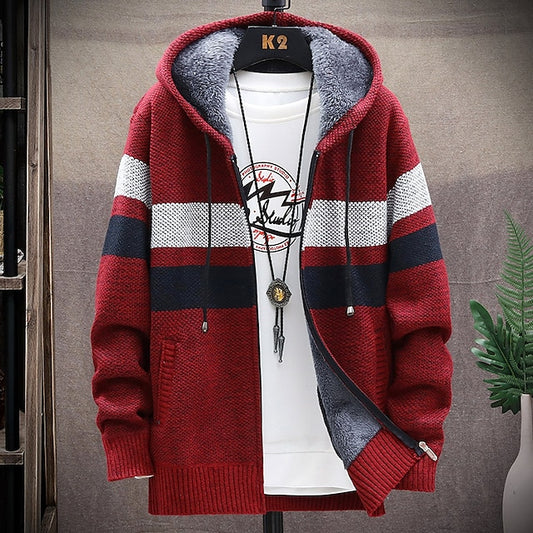 Men's Sweater Cardigan Sweater Hoodie Zip Sweater Sweater Jacket Knit Knitted Color Block Hooded Stylish Outdoor Home Clothing Apparel Winter Fall Blue Wine M L XL