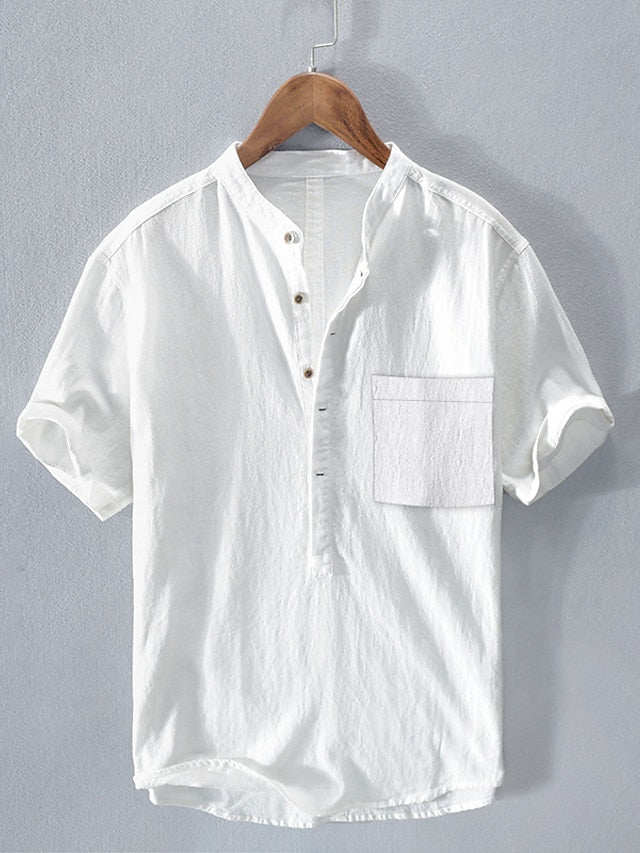 Men's Linen Shirt Summer Shirt Beach Shirt White Royal Blue Blue Short Sleeve Plain Stand Collar Summer Casual Daily Clothing Apparel