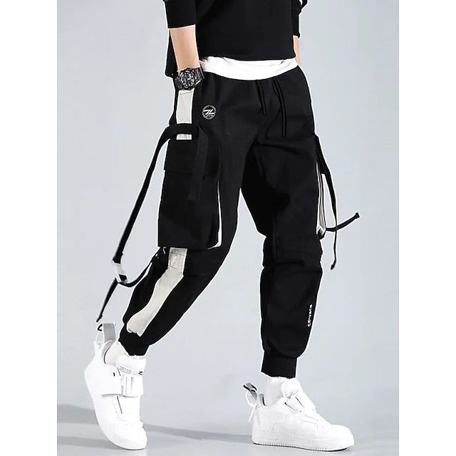 men's cargo pants joggers sweatpants Streetwear Embroidery Trousers Color Block Cotton jogging pants With Multi-pockets ribbon hiphop punk sport harem pants spring Fall