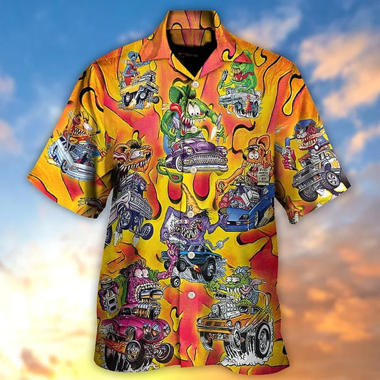 Men's Shirt Summer Hawaiian Shirt Graphic Prints Hippie Bus Turndown Light Yellow Blue-Green Black Light Green Purple Casual Hawaiian Short Sleeve Button-Down Print Clothing Apparel Tropical Fashion