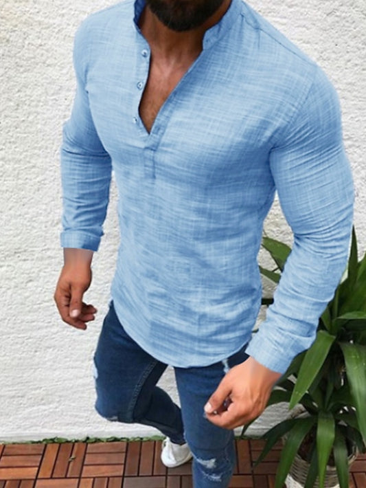 Men's Linen Shirt Shirt Summer Shirt Beach Shirt Black White Light Blue Long Sleeve Plain Collar Daily Hawaiian Clothing Apparel