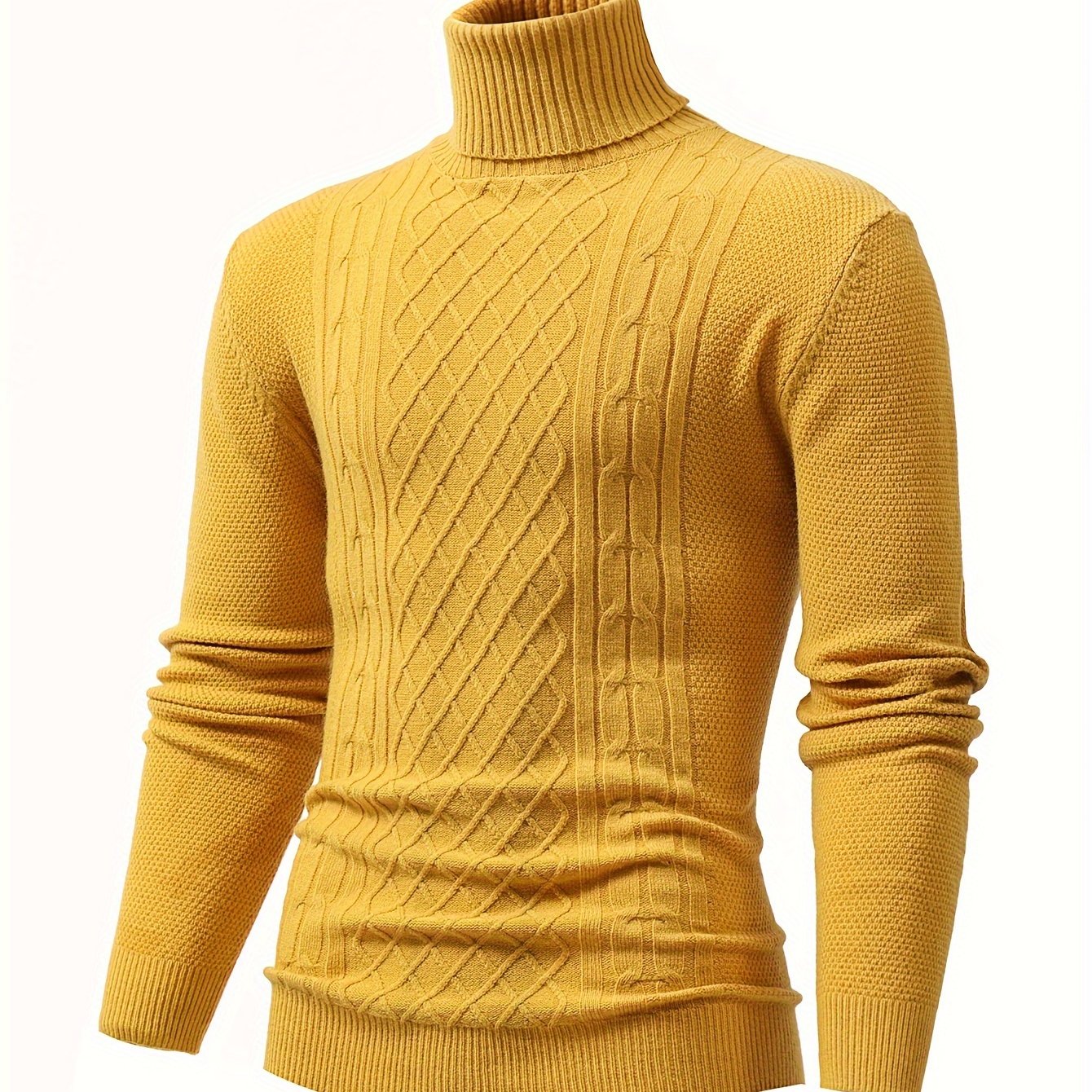 Foruwish - Turtle Neck Knitted Cable Sweater, Men's Casual Warm Solid High Stretch Pullover Sweater For Fall Winter