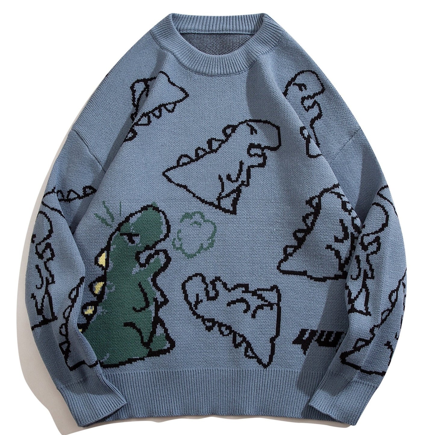 Foruwish - Cute Cartoon Dinosaur Pattern Knitted Sweater, Men's Casual Warm Slightly Stretch Round Neck Pullover Sweater For Fall Winter