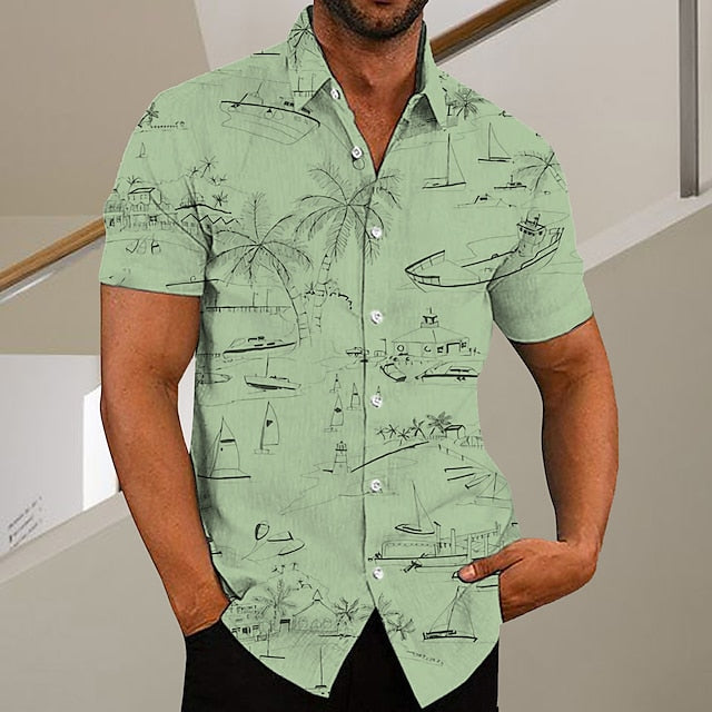 Men's Shirt Graphic Shirt Aloha Shirt Coconut Tree Graffiti Turndown Green Purple Pink Yellow Light Green Print Outdoor Street Short Sleeve Button-Down Print Clothing Apparel Fashion Designer Casual