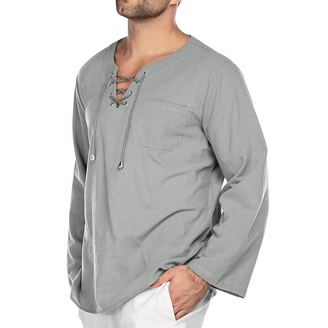 Men's Linen Shirt Summer Shirt Casual Shirt Beach Shirt White Navy Blue Gray Long Sleeve Solid Color V Neck Summer Spring Outdoor Street Clothing Apparel Drawstring